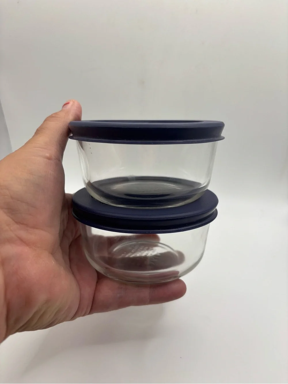 Pyrex Lot Of 2 Clear 1 Cup Glass Bowls Blue Lids 7202